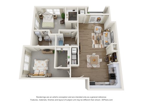 Floor plan for 2 beds, 2 baths, 1105 sqft